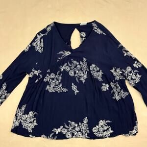 Wrangler Women's Navy Blue Floral Flowy Blouse with Bell Sleeves Size XXL